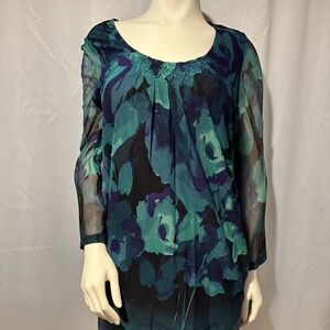 Laura Ashley Womens Floral Mesh Blouse Top Blue Green, Size Medium